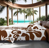 Chocolate Brown Hawaiian Flowers on White Sheet Set from Surfer Bedding™️ Large Scale - Extremely Stoked