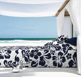 Navy Blue Hawaiian Flowers on White Sheet Set from Surfer Bedding™️ Medium Scale - Extremely Stoked