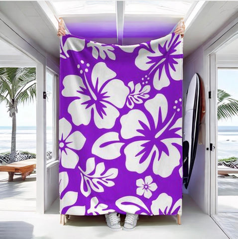 White Hawaiian Flowers on Purple Minky Throw Blanket - Extremely Stoked