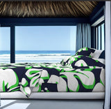 Navy Blue, Lime Green and White Hawaiian Flowers Sheet Set from Surfer Bedding™️ Large Scale - Extremely Stoked