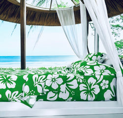 White Hawaiian Flowers on Fresh Green Sheet Set from Surfer Bedding™️ Medium Scale - Extremely Stoked