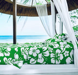 White Hawaiian Flowers on Fresh Green Sheet Set from Surfer Bedding™️ Medium Scale - Extremely Stoked