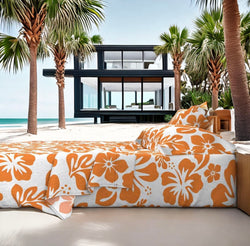 Juicy Orange Hawaiian Flowers on White Sheet Set from Surfer Bedding™️ Medium Scale - Extremely Stoked