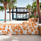 Juicy Orange Hawaiian Flowers on White Sheet Set from Surfer Bedding™️ Medium Scale - Extremely Stoked