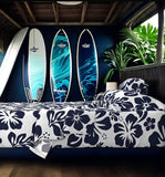 Navy Blue Hawaiian Flowers on White Sheet Set from Surfer Bedding™️ Medium Scale - Extremely Stoked