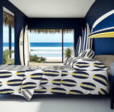 Navy Blue, White and Yellow Classic Surfboards Sheet Set from Surfer Bedding™️ Large Scale - Extremely Stoked
