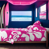 White Hawaiian Flowers on Surfer Girl Pink Sheet Set from Surfer Bedding™️ Large Scale - Extremely Stoked