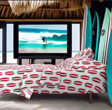 Surfer Red and Aqua Ocean Blue Classic Surfboards Sheet Set from Surfer Bedding™️ Medium Scale - Extremely Stoked