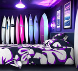 Navy Blue, White and Purple Hawaiian Flowers Sheet Set from Surfer Bedding™️ Large Scale - Extremely Stoked