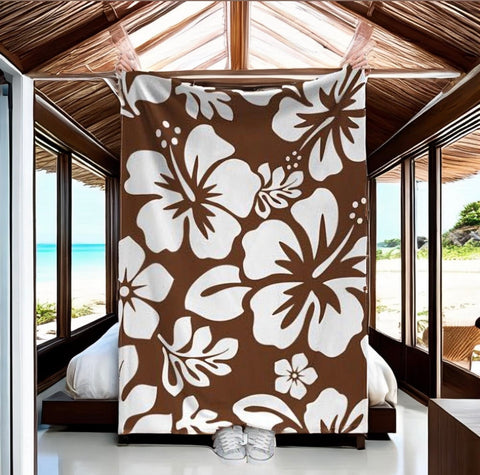 White and Brown Hawaiian Flowers Minky Throw Blanket - Extremely Stoked