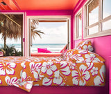 Juicy Orange, White and Surfer Girl Pink Hawaiian and Hibiscus Flowers Sheet Set from Surfer Bedding™️ Medium Scale - Extremely Stoked