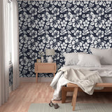 Navy Blue and White Hawaiian Flowers Wallpaper
