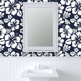 Navy Blue and White Hawaiian Flowers Wallpaper