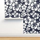 Navy Blue and White Hawaiian Flowers Wallpaper