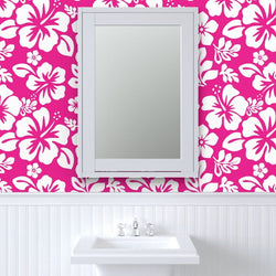 White Hawaiian Hibiscus Flowers on Hot Pink Wallpaper