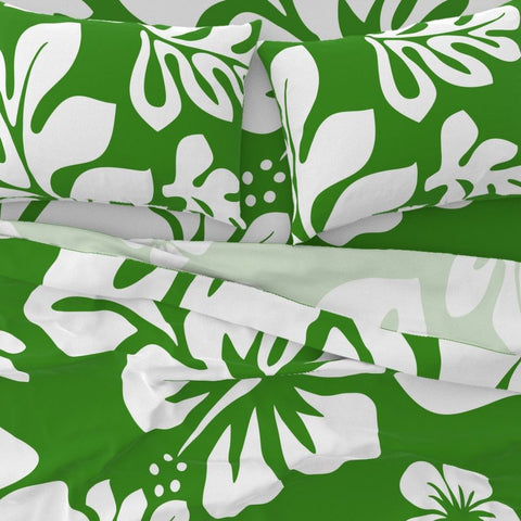 Fresh Green & White Hawaiian Flowers Sheet Set – Large Scale – Extremely Stoked® Eco Luxe Beach Bedding