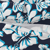 NAVY BLUE  AND AQUA HAWAIIAN  HIBISCUS  FLOWERS SHEET SET