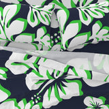 Navy Blue, Lime Green and White Hawaiian Flowers Sheet Set from Surfer Bedding™️ Large Scale - Extremely Stoked