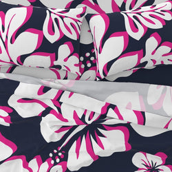 NAVY BLUE AND PINK HAWAIIAN HIBISCUS FLOWERS SHEET SET