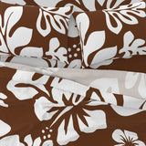 White Hawaiian Flowers on Chocolate Brown Sheet Set from Surfer Bedding™️ Large Scale - Extremely Stoked