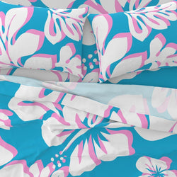 White and Soft Pink Hawaiian Flowers on Aqua Ocean Blue Sheet Set