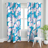 White and Soft Pink Hawaiian Flowers on Aqua Ocean Blue window curtains