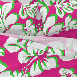 Preppy Surfer Girl Pink , Lime Green and White Hawaiian and Hibiscus Flowers Sheet Set from Surfer Bedding™️ Large Scale - Extremely Stoked