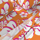Juicy Orange, White and Surfer Girl Pink Hawaiian and Hibiscus Flowers Sheet Set from Surfer Bedding™️ Medium Scale - Extremely Stoked
