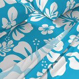 White Hawaiian Flowers on Aqua Ocean Blue Sheet Set from Surfer Bedding™️ Medium Scale - Extremely Stoked