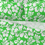 White Hawaiian Flowers on Bright Lime Green Sheet Set from Surfer Bedding™️ Medium Scale - Extremely Stoked