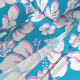 White and Soft Pink Hawaiian Flowers on Aqua Ocean Blue Sheet Set from Surfer Bedding™️ Medium Scale - Extremely Stoked