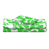 Bright Lime Green Hawaiian Flowers on White Sheet Set from Surfer Bedding™️ Medium Scale - Extremely Stoked