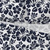 Navy Blue Hawaiian Flowers on White Sheet Set from Surfer Bedding™️ Medium Scale - Extremely Stoked
