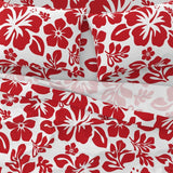 Surfer Red Hawaiian Flowers on White Sheet Set from Surfer Bedding™️ Medium Scale - Extremely Stoked