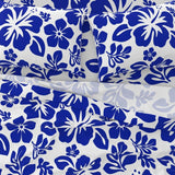 Royal Blue Hawaiian Flowers on White Sheet Set from Surfer Bedding™️ Medium Scale - Extremely Stoked