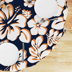 White with Orange Hawaiian Flowers on Navy Blue Round Tablecloth - Extremely Stoked