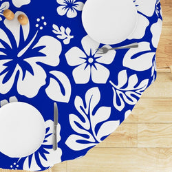 Royal Blue and White Hawaiian Flowers Round Tablecloth - Extremely Stoked