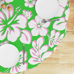 White with Pink Hawaiian Flowers on Lime Green Round Tablecloth - Extremely Stoked