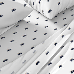 Navy Blue, White & Orange Surf Bus Sheet Set – Extremely Stoked® Eco Luxe Surfer Bedding Collection