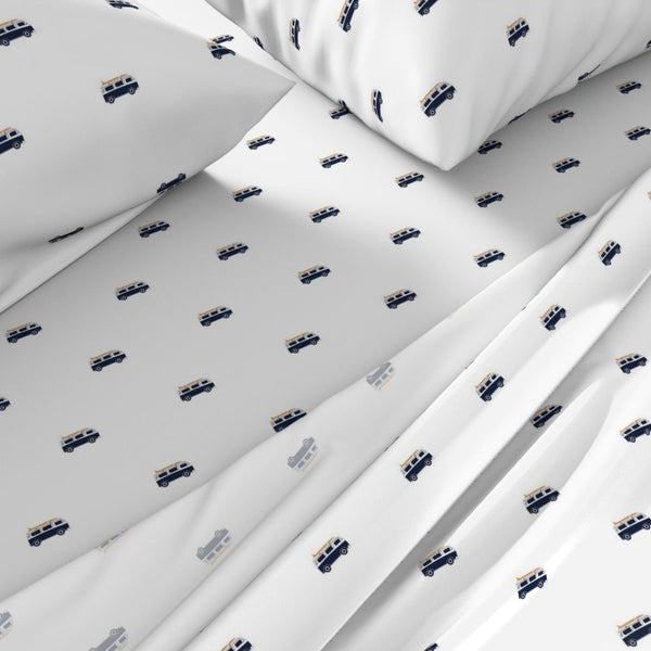 Navy Blue, White & Orange Surf Bus Sheet Set – Extremely Stoked® Eco Luxe Surfer Bedding Collection