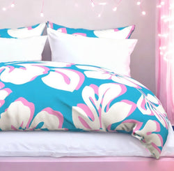 White and Soft Pink Hawaiian Hibiscus Flowers on Aqua Blue Duvet Cover -Large Scale - Extremely Stoked