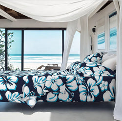 Ocean Blues Hawaiian Hibiscus Flowers Sheet Set from Surfer Bedding™️ Medium Scale - Extremely Stoked