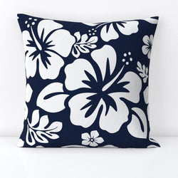 White Hawaiian Flowers on Navy Blue Throw Pillow - Extremely Stoked