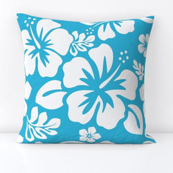 White Hawaiian Flowers on Aqua Ocean Blue Throw Pillow - Extremely Stoked
