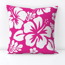 White Hawaiian Flowers on Hot Pink Throw Pillow - Extremely Stoked