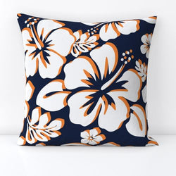 White and Orange Hawaiian Flowers on Navy Blue Throw Pillow - Extremely Stoked