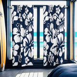 White Hawaiian Flowers on Navy Blue Window Curtains - Extremely Stoked