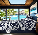 Navy Blue Hawaiian Flowers on White Sheet Set from Surfer Bedding™️ Medium Scale - Extremely Stoked