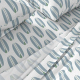 Slate Blue and Sage Green Classic Surfboards Sheet Set from Surfer Bedding™️ Medium Scale - Extremely Stoked