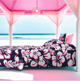 Navy Blue, Surfer Girl Pink and White Hawaiian Flowers Sheet Set from Surfer Bedding™️ Medium Scale - Extremely Stoked